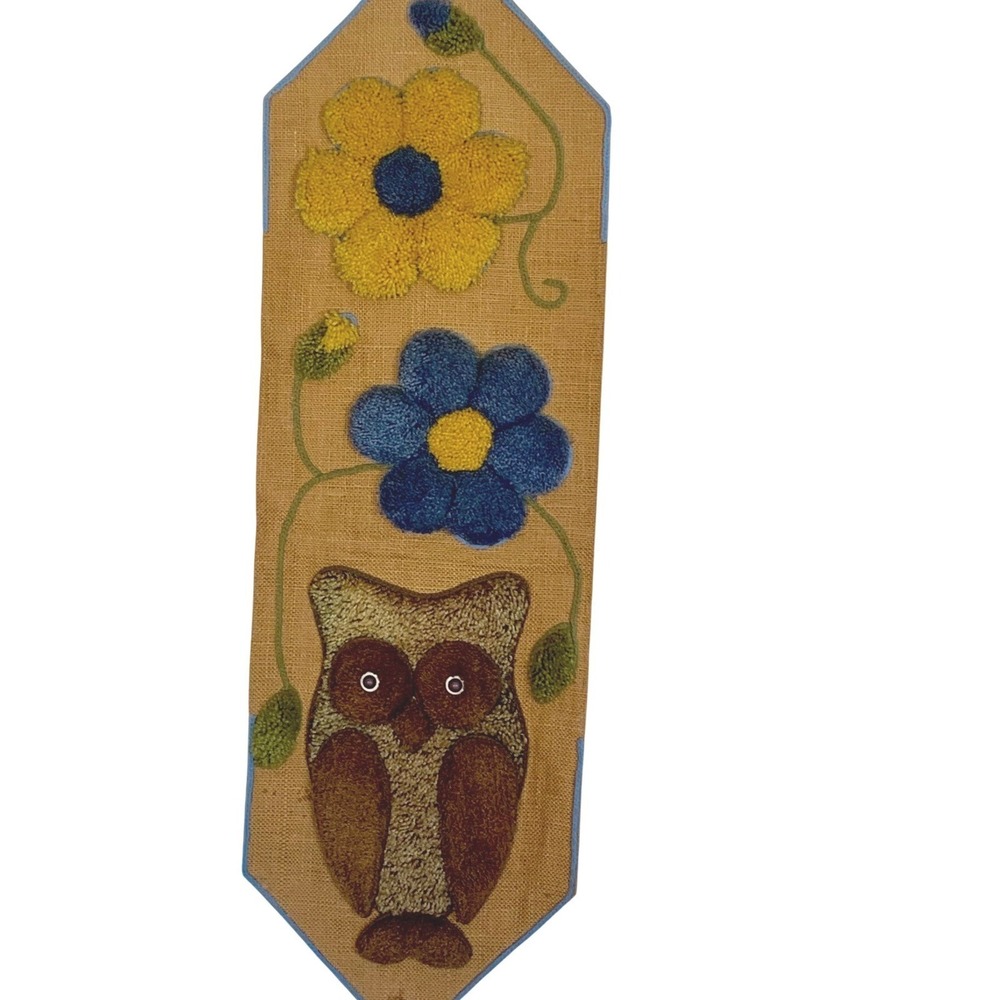 Owl Wall Hanging Vintage Punch Needle Tufted Yarn Burlap Boho 70s Art 42x13